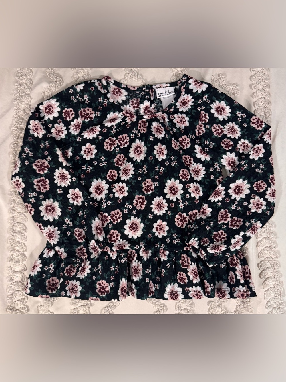 Nicole Miller Black Floral Long-Sleeve Peplum Top